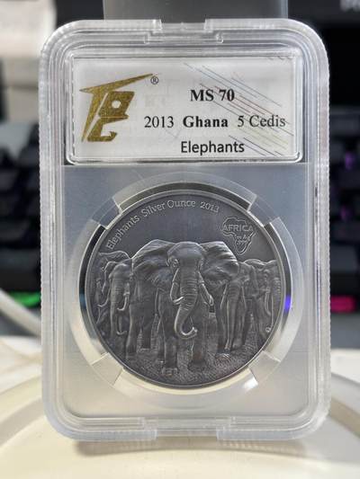 第184期拍卖 - 加纳2013年非洲野生动物系列大象群1盎司仿古银币TQG-MS70,999银，发行2000枚