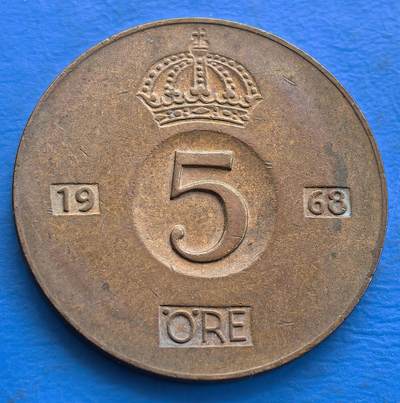 外国优质老铜币银币，周六九点倒数截拍，满百包邮，可寄存半年，喜欢朋友微信扫描二维码可直接参拍 - 瑞典1968年5欧尔