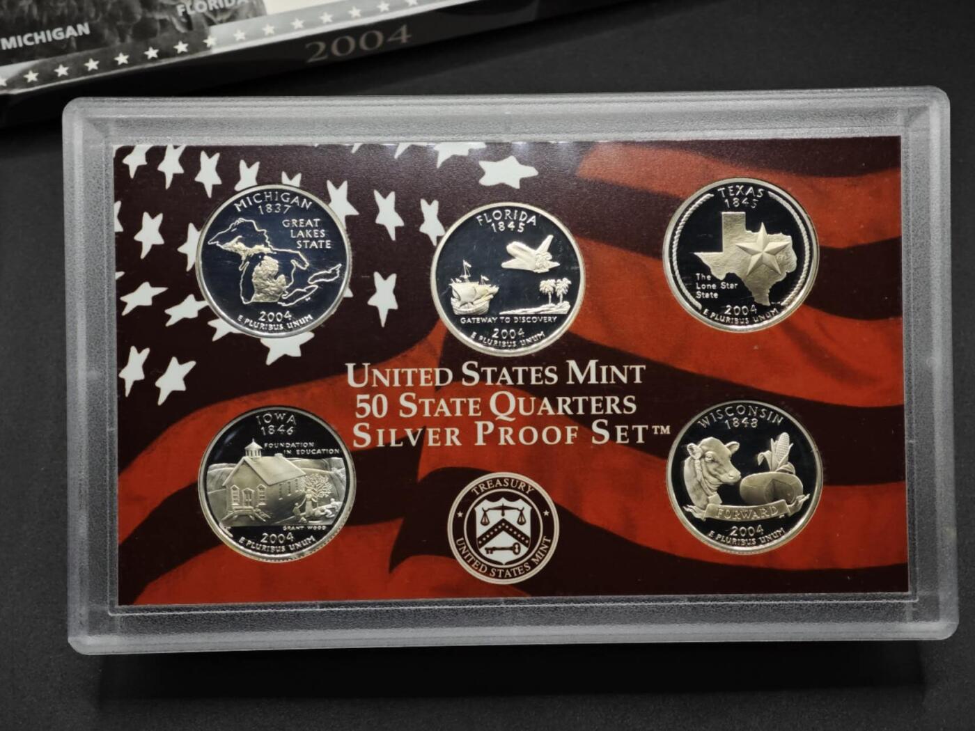 【淘币小摊】实时拍第八百一十五拍   银币套币场   满百包邮可预留二周 每周一统一发货   美国2004年州币精制银币5枚套原盒原证每枚重6.25克900银 银价363