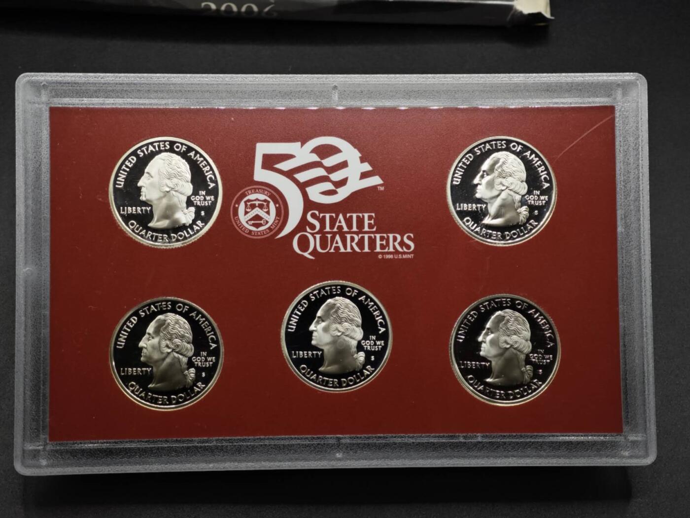 【淘币小摊】实时拍第八百一十五拍   银币套币场   满百包邮可预留二周 每周一统一发货   美国2006年州币精制银币5枚套原盒原证每枚重6.25克900银 银价363