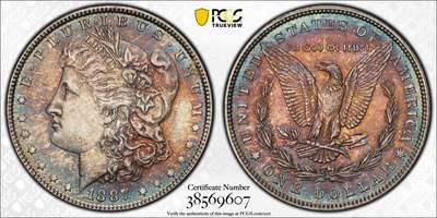 万国钱币拍卖第056期 - PCGS MS63 1887美国摩根女神一元大银 蓝绿五彩转光