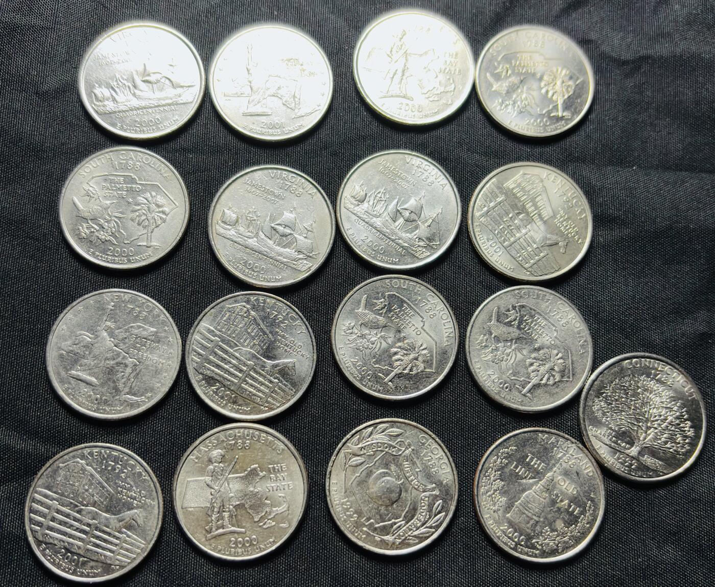 文馨钱币收藏第 284 场，【 长期接收代拍品】老藏家拍品南朝鲜李承晚时期货币，泰国大型纪念币，土耳其各时期及各国套币场 原光美国州币 25 美分 1999-2001 年 17 枚