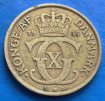 外国优质老铜币银币，周六九点倒数截拍，满百包邮，可寄存半年，喜欢朋友微信扫描二维码可直接参拍 - 丹麦1935年1克朗