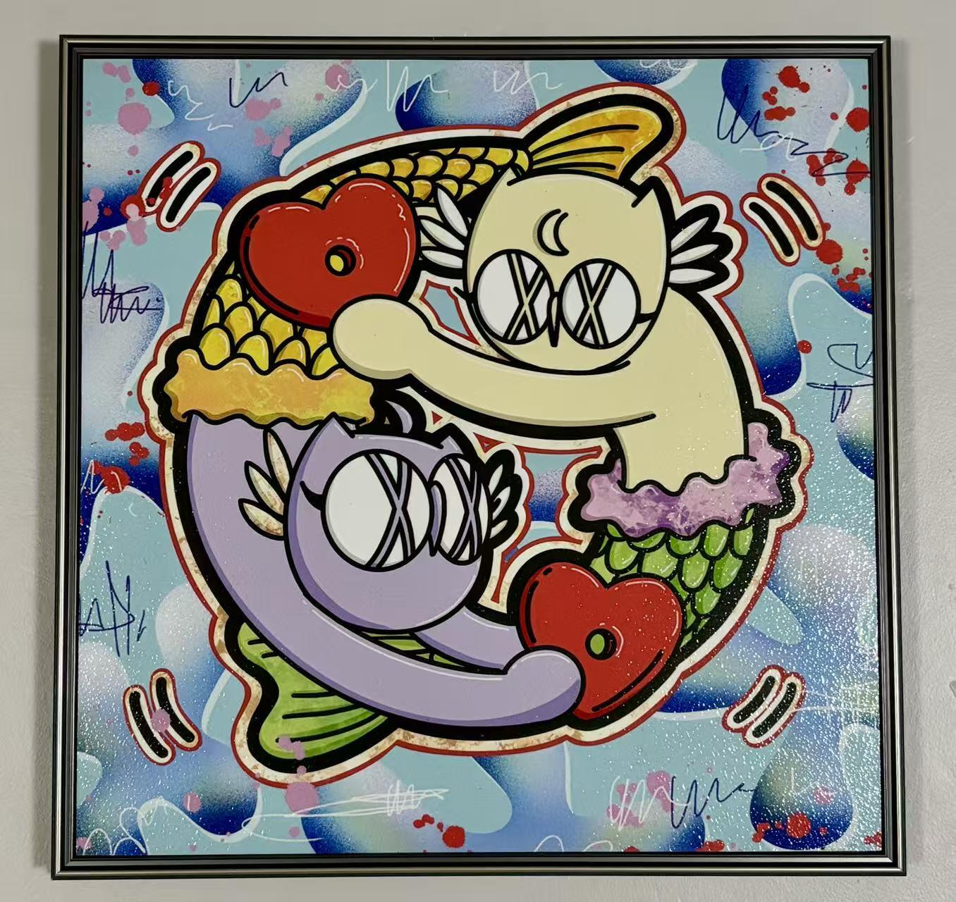零元拍：歪歪 OWSON 系列作品装饰肌理画《十二星座-双鱼座》，相框尺寸35/35CM。因展品出展，镜框可能有轻微划痕，介意勿拍