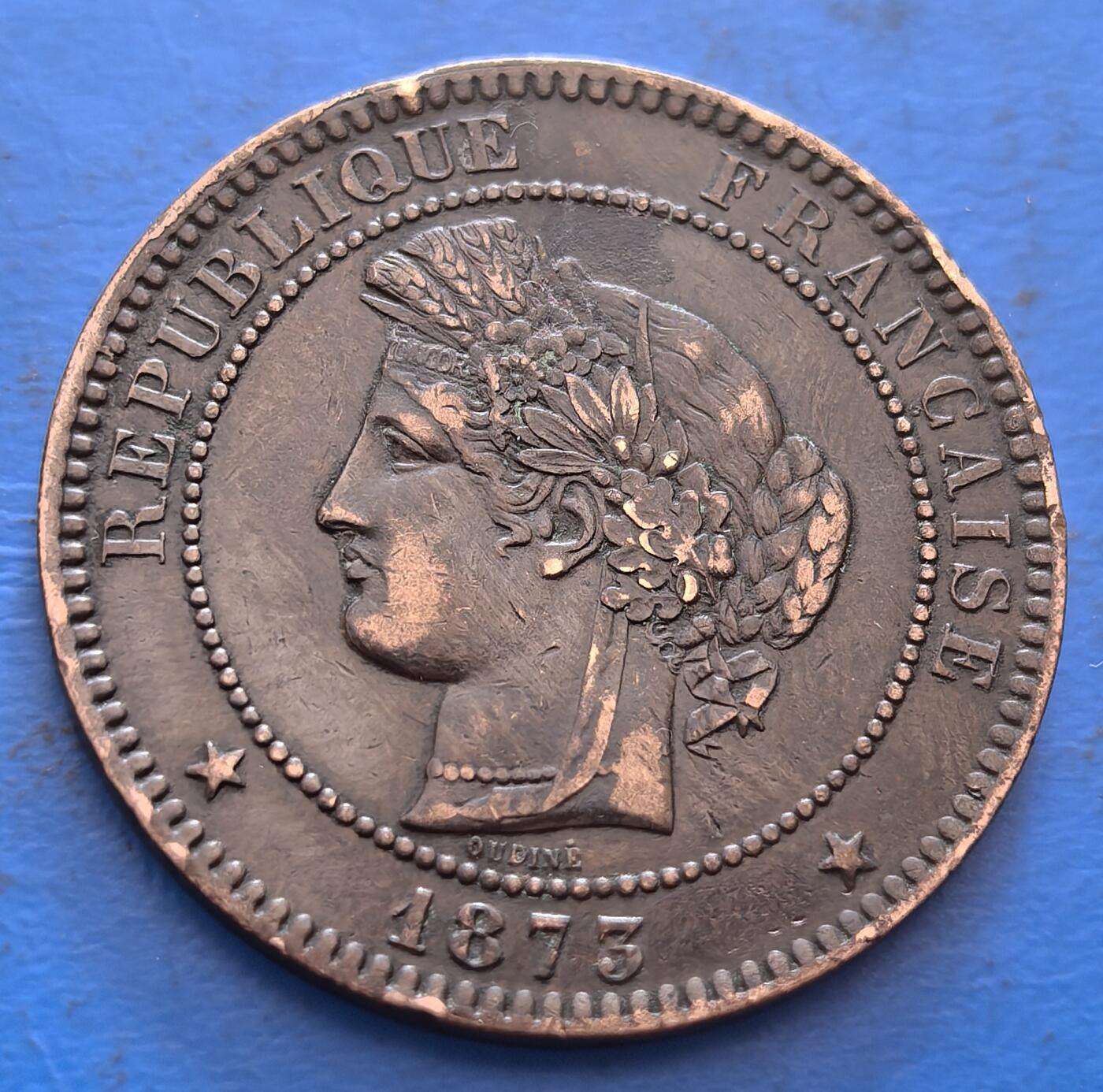 外国优质老铜币银币，周六九点倒数截拍，满百包邮，可寄存半年，喜欢朋友微信扫描二维码可直接参拍 极美品法国1873年谷物女神10分大铜币K版