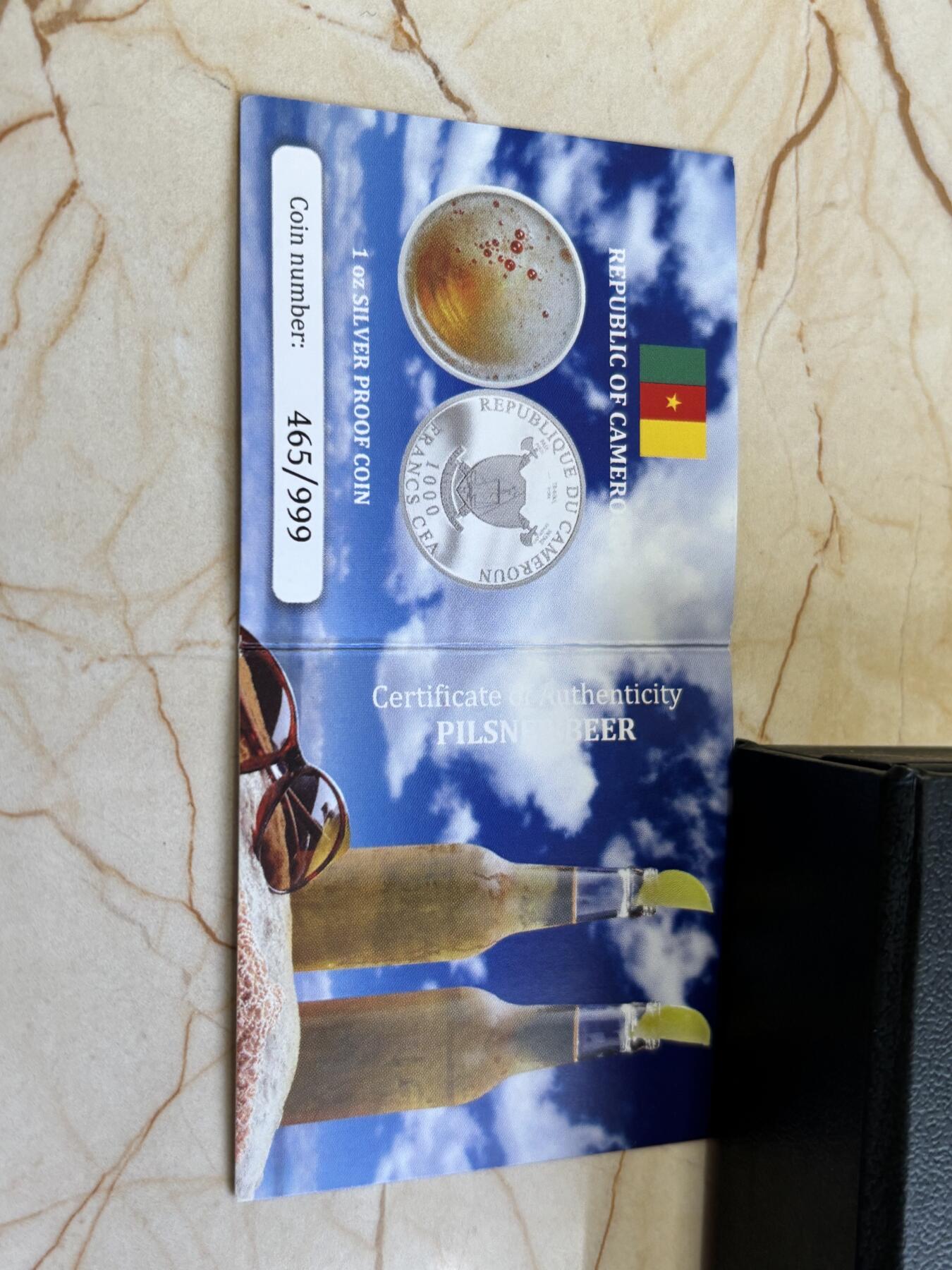 第184期拍卖 喀麦隆2022年皮尔森啤酒1盎司彩色精制纪念银币，999银，1盎司，