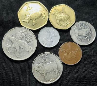 文馨钱币收藏第 284 场，【 长期接收代拍品】老藏家拍品南朝鲜李承晚时期货币，泰国大型纪念币，土耳其各时期及各国套币场 - 好品博茨瓦纳动物系列 7 枚套