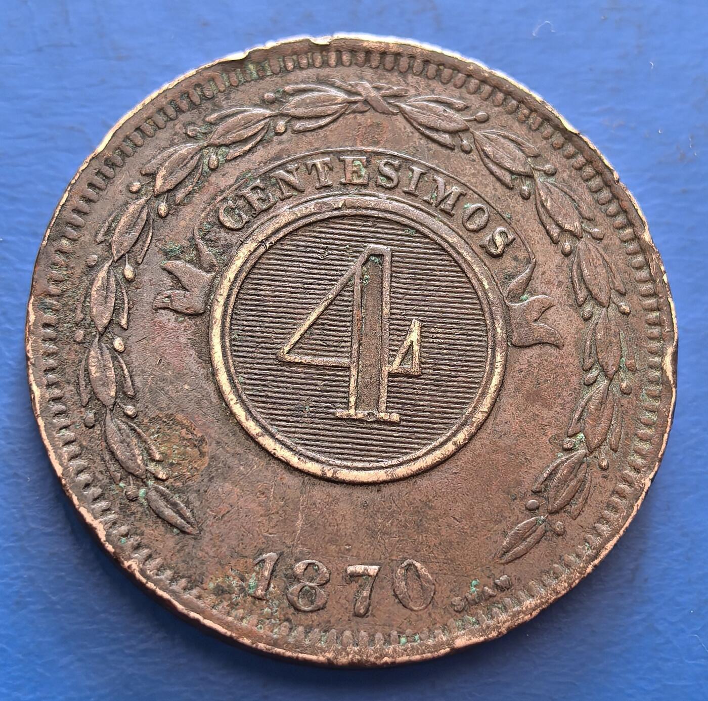 外国优质老铜币银币，周六九点倒数截拍，满百包邮，可寄存半年，喜欢朋友微信扫描二维码可直接参拍 巴拉圭1870年4分大铜币