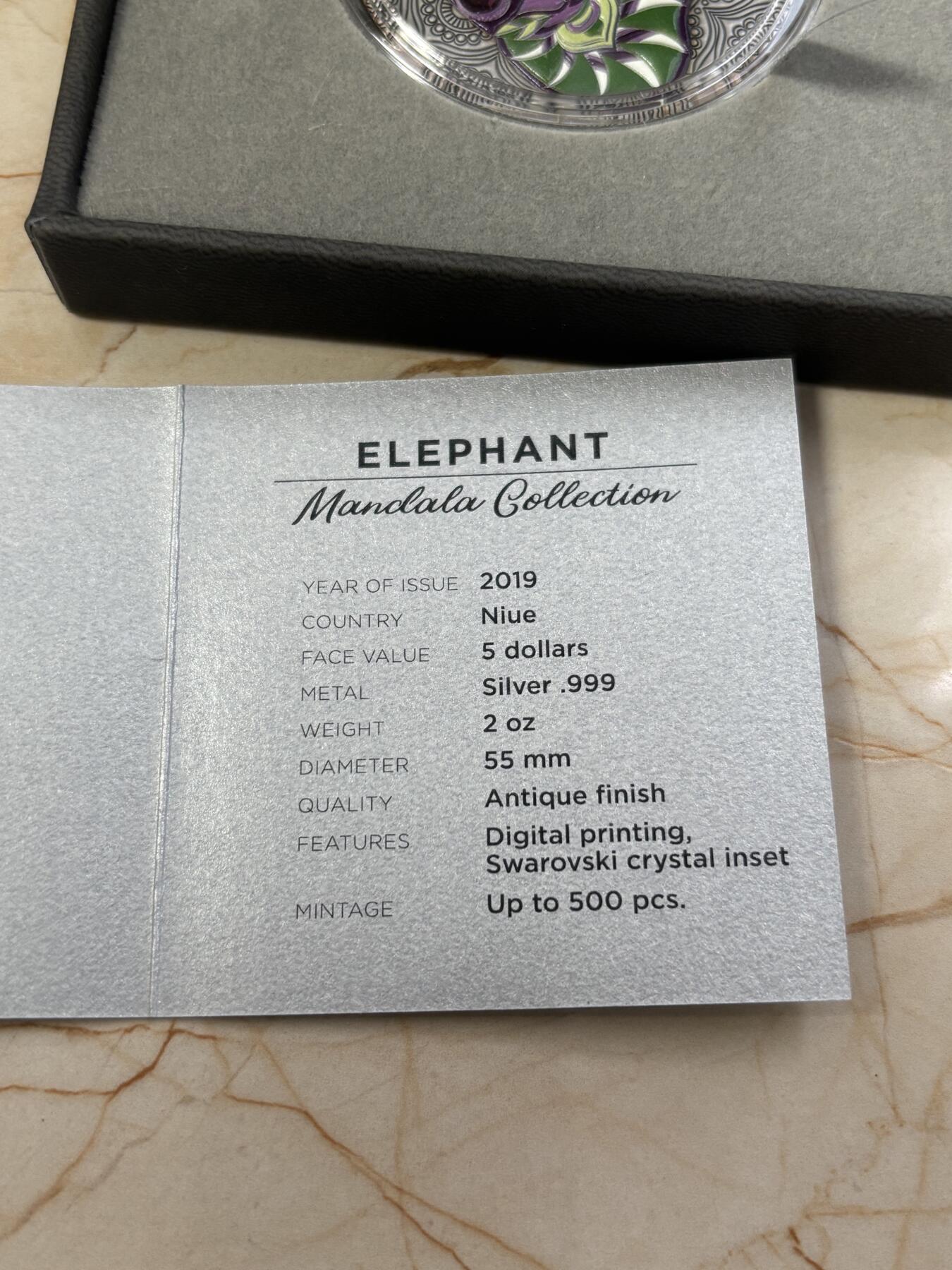 第184期拍卖 纽埃2019年曼陀罗黄金对称系列大象,2盎司高浮雕仿古镶嵌紫红施华洛世奇彩色银币.999银银价862，发行500枚