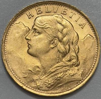 文馨钱币收藏第 283 场，【大雪鉴珍，寒英缀金】金银纪念币精品场，诚邀您的参与【长期接代拍品】 - 原光 1935 年瑞士雪山女神 20 法郎金币，重 6.4 克金 底板丝滑无比，金光闪闪，第二版关门版 B 厂，品相实属不易的投资收藏品