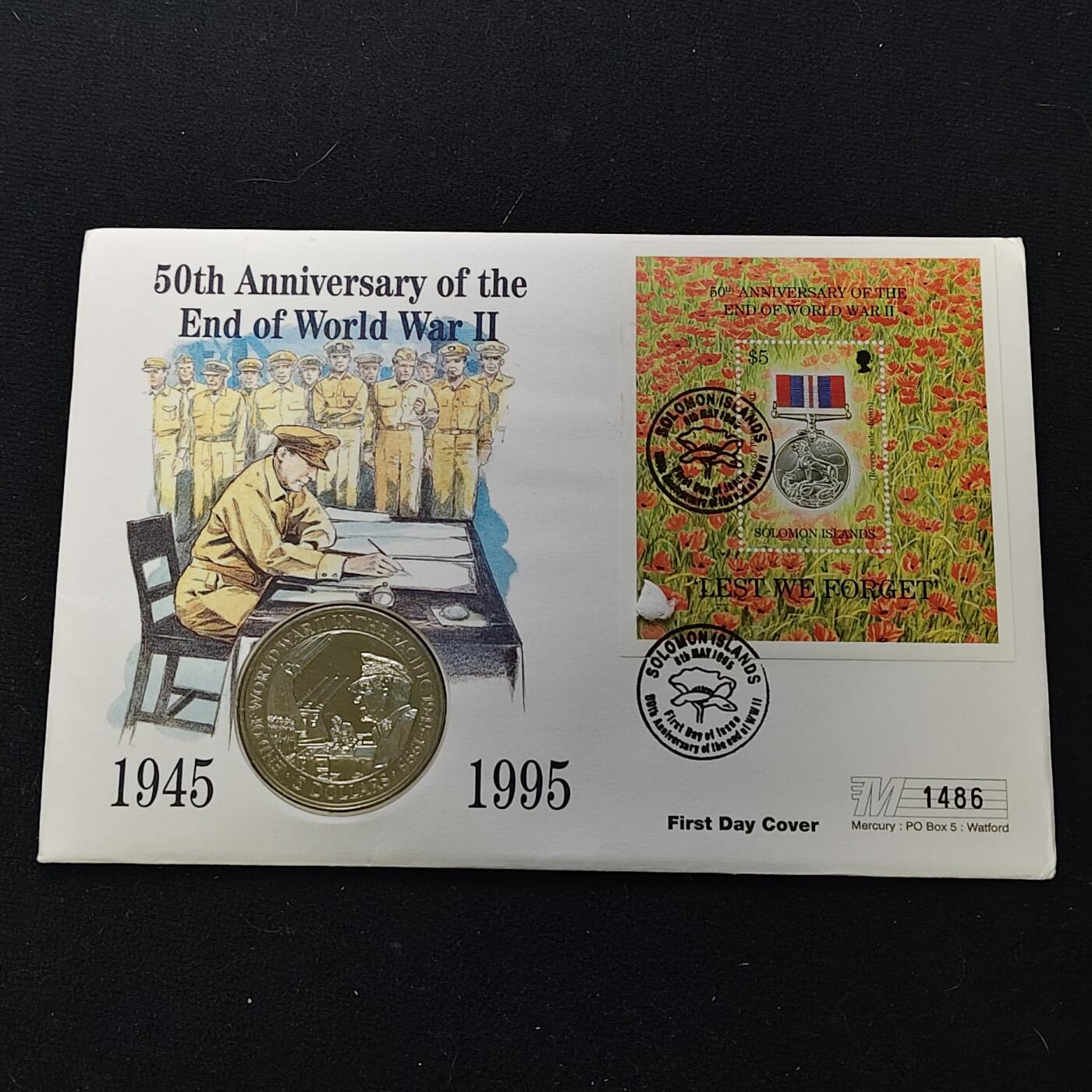 【全场包邮】纯粹捡漏拍482场（免费代拍第19场）-币封+套装+富兰克林（注意佣金） 【邮币封】所罗门群岛1995年5元二战太平洋战争结束五十周年克朗型纪念币邮币封