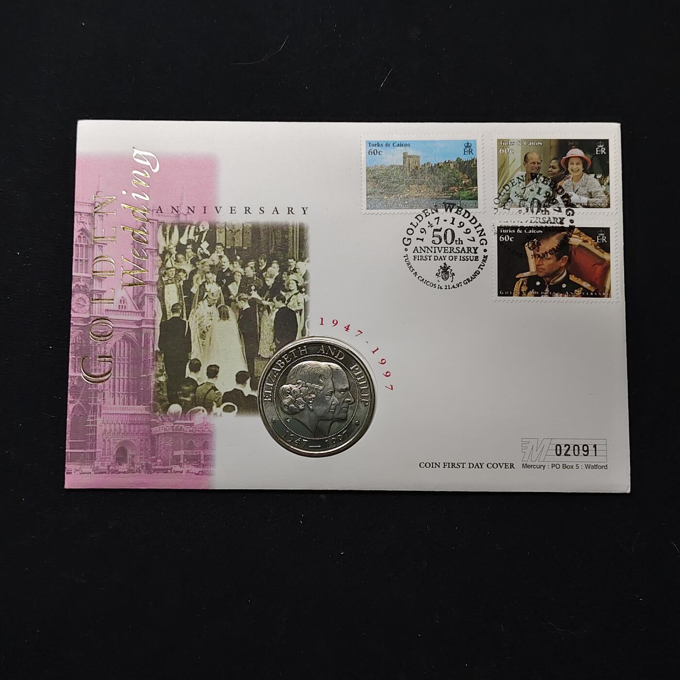 【全场包邮】纯粹捡漏拍482场（免费代拍第19场）-币封+套装+富兰克林（注意佣金） 【邮币封】特克斯和凯克斯群岛1997年5克朗女王金婚克朗型纪念币邮币封