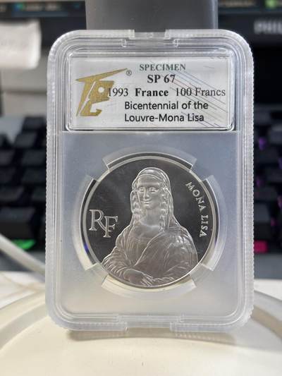 第184期拍卖 - 法国1993年卢浮宫馆藏系列蒙娜丽莎银样币TQG-SP67,900银，22.2克，发行1850枚