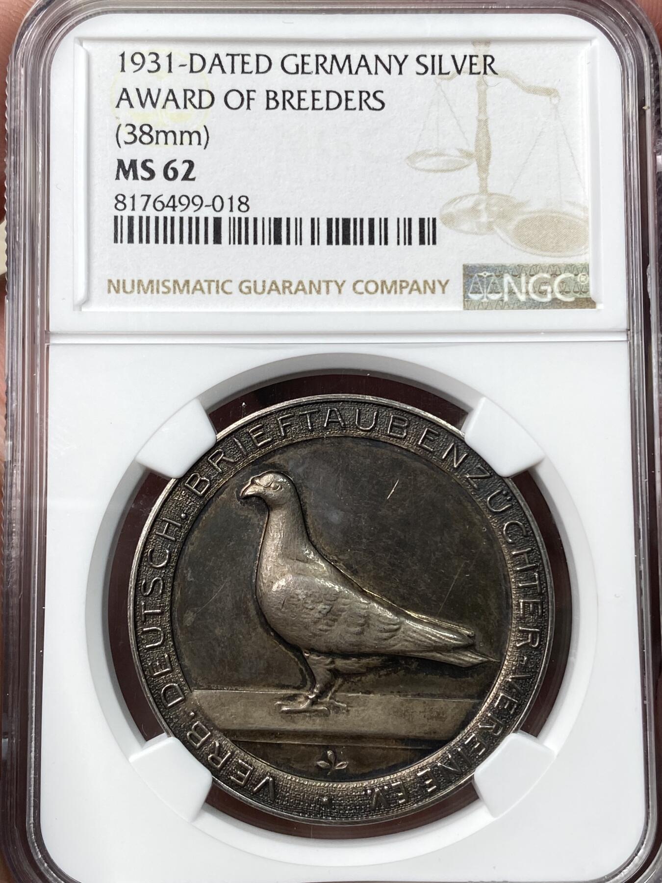 万国钱币拍卖第056期 NGC MS62 1931年德国信鸽育种协会纪念大银章 信鸽刻画非常精细 和平女神献上祝福