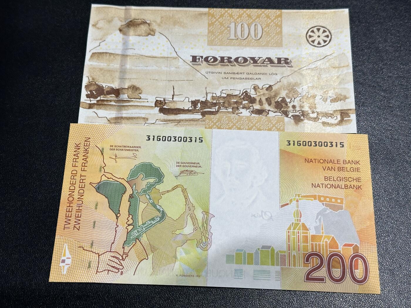 《外钞收藏家》第五百九十期（欧洲强钞、港币、硬通货及丰富裸币大拍场）（本平台长期征集拍品、欢迎藏友们联系合作） 法罗群岛100克朗+比利时末版200法郎 2张一起 全新UNC 都是无47靓号