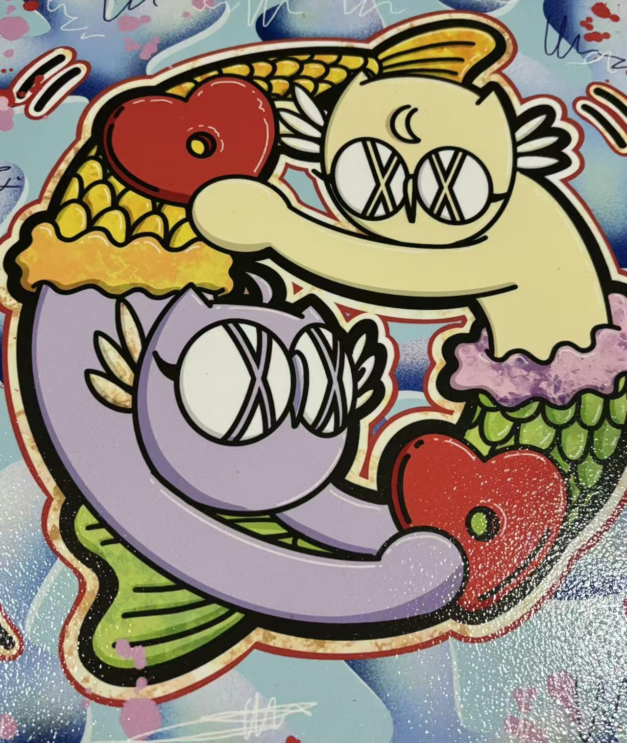 零元拍：歪歪 OWSON 系列作品装饰肌理画《十二星座-双鱼座》，相框尺寸35/35CM。因展品出展，镜框可能有轻微划痕，介意勿拍