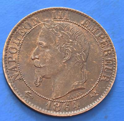 外国优质老铜币银币，周六九点倒数截拍，满百包邮，可寄存半年，喜欢朋友微信扫描二维码可直接参拍 - 极美品法国1864年5分K版