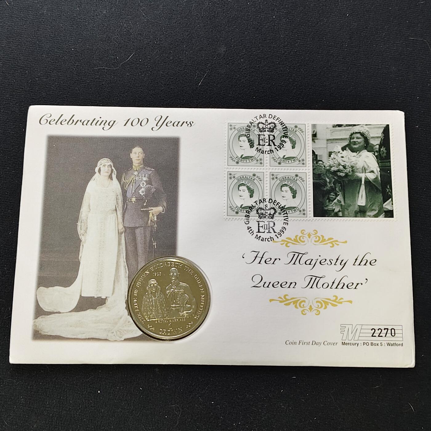 【全场包邮】纯粹捡漏拍482场（免费代拍第19场）-币封+套装+富兰克林（注意佣金） 【邮币封】直布罗陀1999年1克朗女王母亲伊丽莎白皇太后人生中的重要时刻系列婚礼克朗型纪念币邮币封
