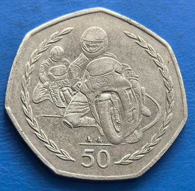 外国优质老铜币银币，周六九点倒数截拍，满百包邮，可寄存半年，喜欢朋友微信扫描二维码可直接参拍 - 马恩1997年赛车手50便士纪念币