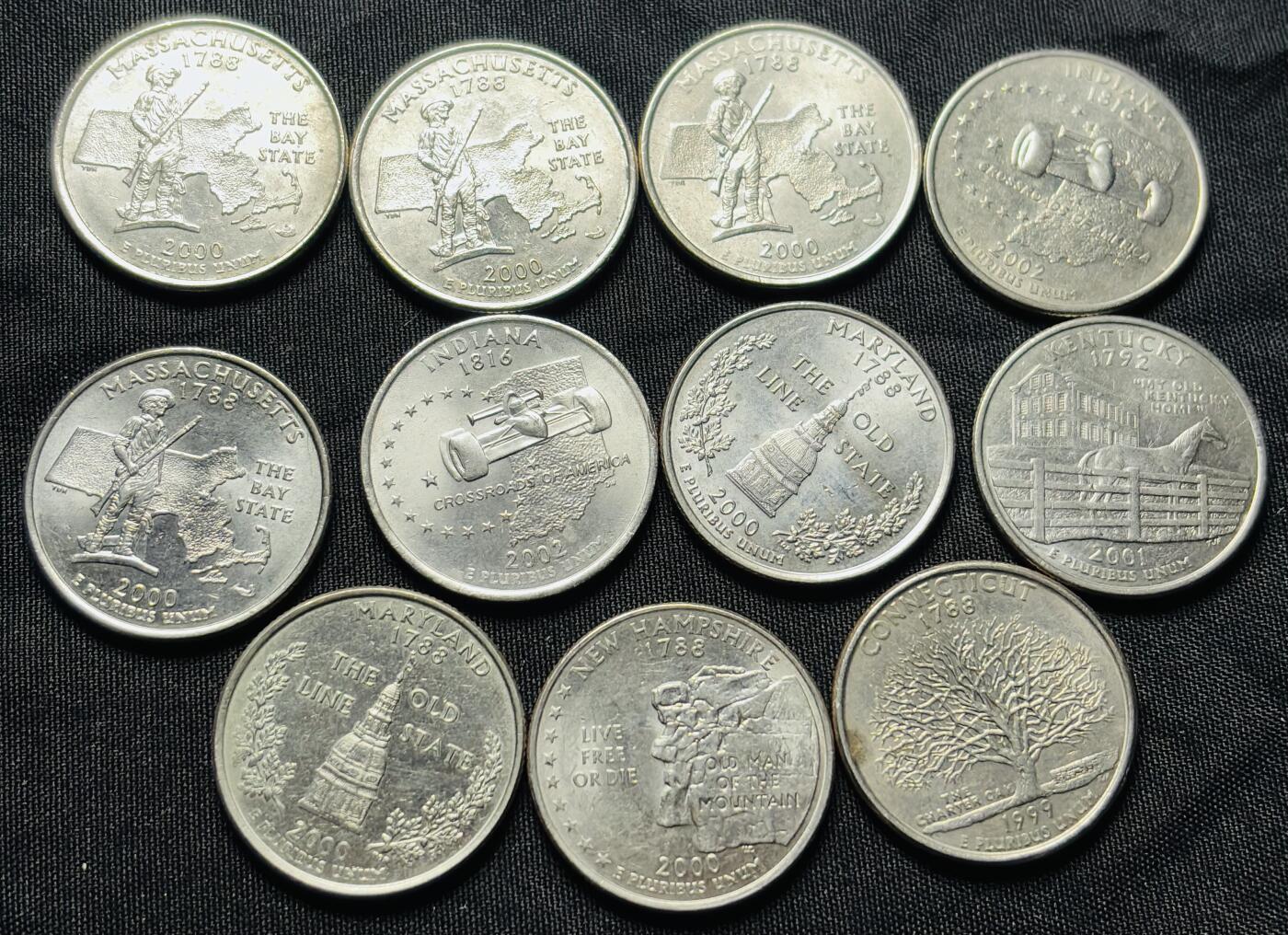 文馨钱币收藏第 284 场，【 长期接收代拍品】老藏家拍品南朝鲜李承晚时期货币，泰国大型纪念币，土耳其各时期及各国套币场 好品 1999-2002 年美国州币 25 美分纪念币 11 枚