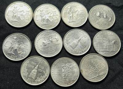 文馨钱币收藏第 284 场，【 长期接收代拍品】老藏家拍品南朝鲜李承晚时期货币，泰国大型纪念币，土耳其各时期及各国套币场 - 好品 1999-2002 年美国州币 25 美分纪念币 11 枚