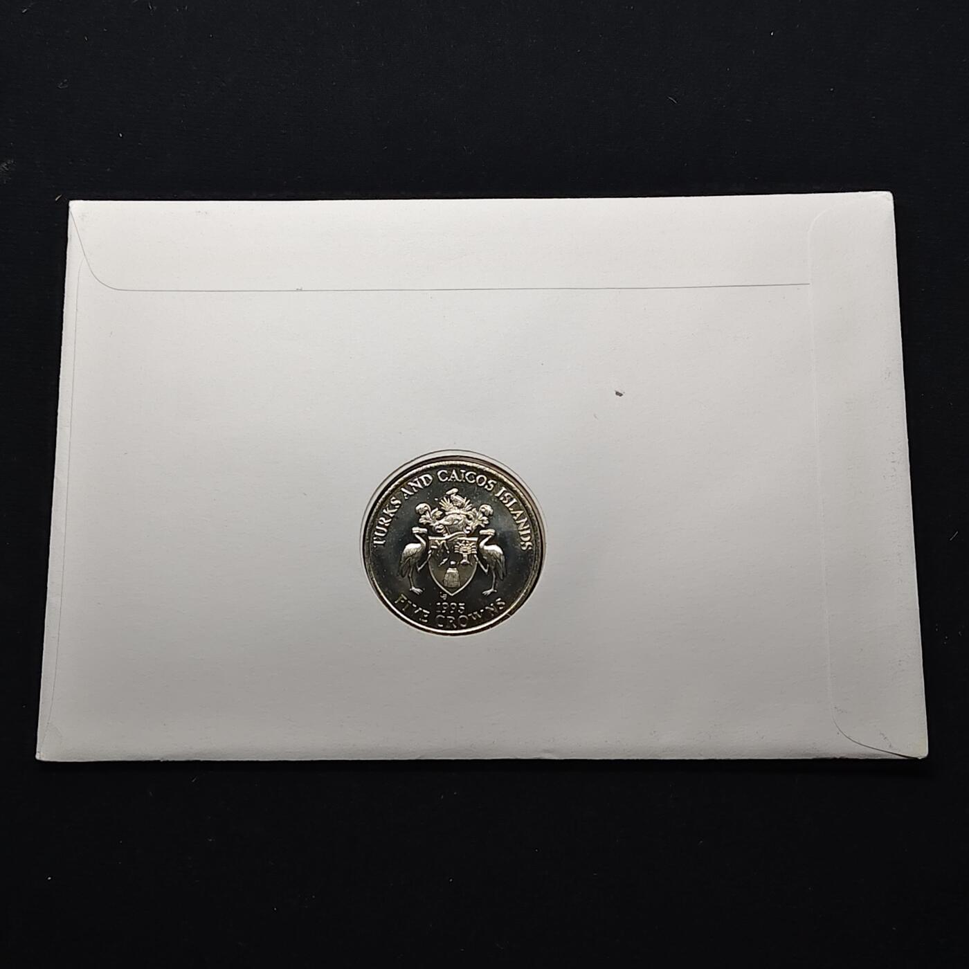 【全场包邮】纯粹捡漏拍482场（免费代拍第19场）-币封+套装+富兰克林（注意佣金） 【邮币封】特克斯和凯克斯群岛1995年5克朗欧洲胜利50周年克朗型纪念币邮币封