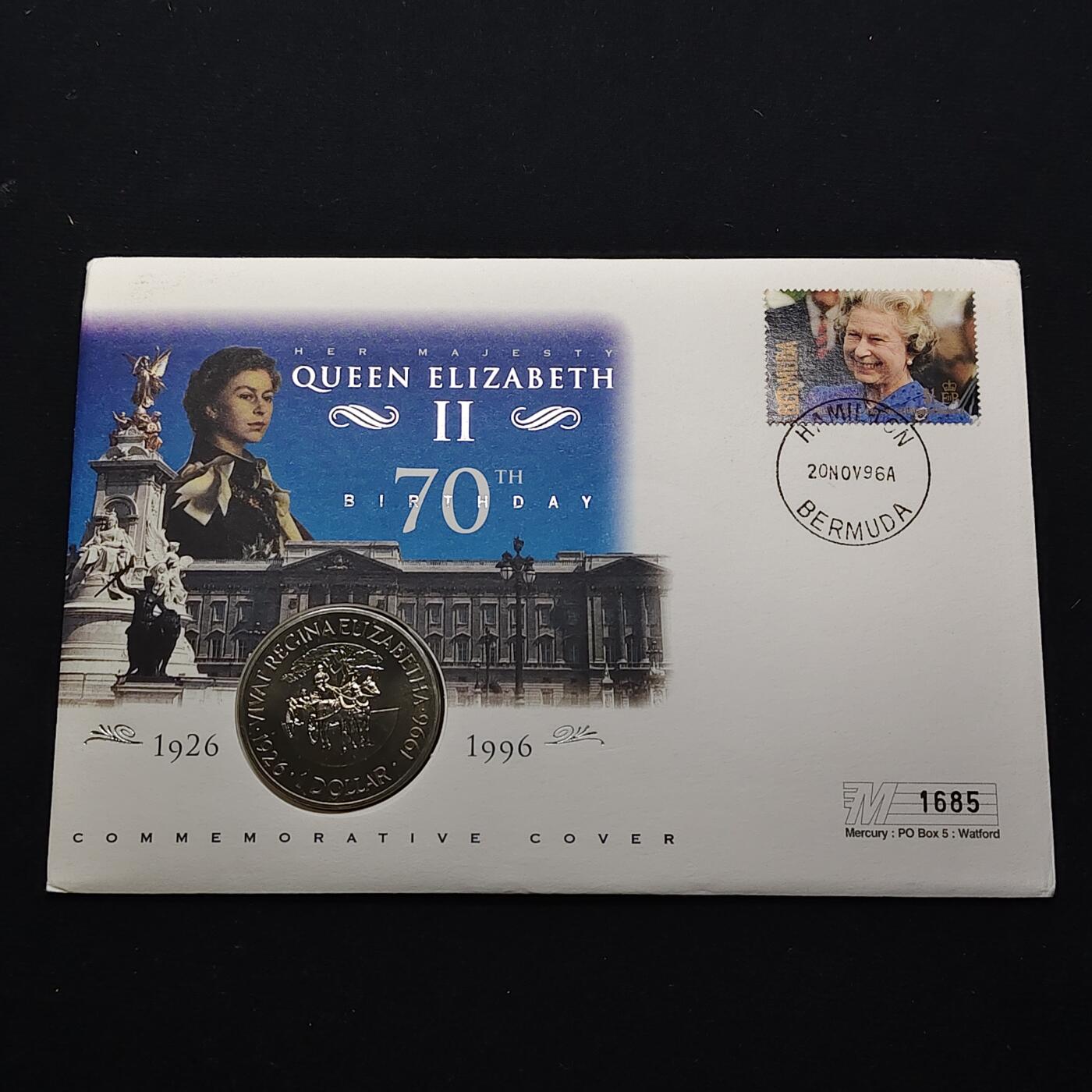 【全场包邮】纯粹捡漏拍482场（免费代拍第19场）-币封+套装+富兰克林（注意佣金） 【邮币封】百慕大群岛1996年1元女王70大寿克朗型纪念币邮币封