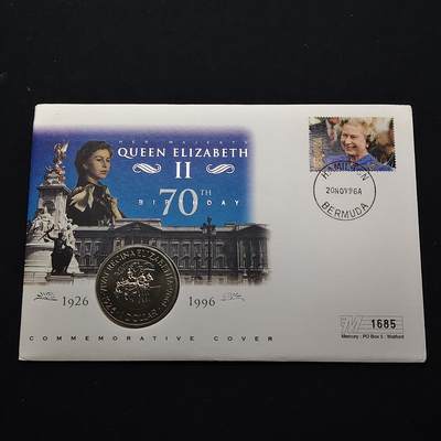 【全场包邮】纯粹捡漏拍482场（免费代拍第19场）-币封+套装+富兰克林（注意佣金） - 【邮币封】百慕大群岛1996年1元女王70大寿克朗型纪念币邮币封