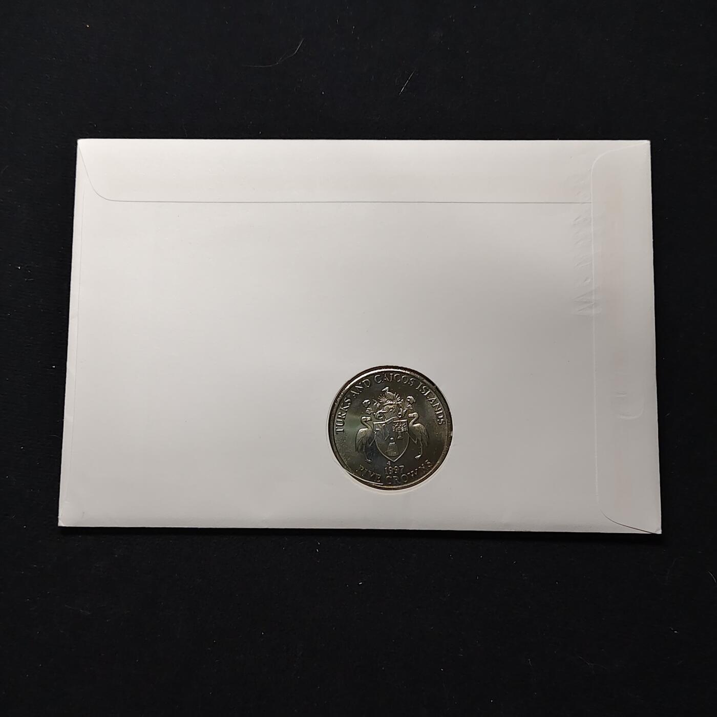 【全场包邮】纯粹捡漏拍482场（免费代拍第19场）-币封+套装+富兰克林（注意佣金） 【邮币封】特克斯和凯克斯群岛1997年5克朗女王金婚克朗型纪念币邮币封