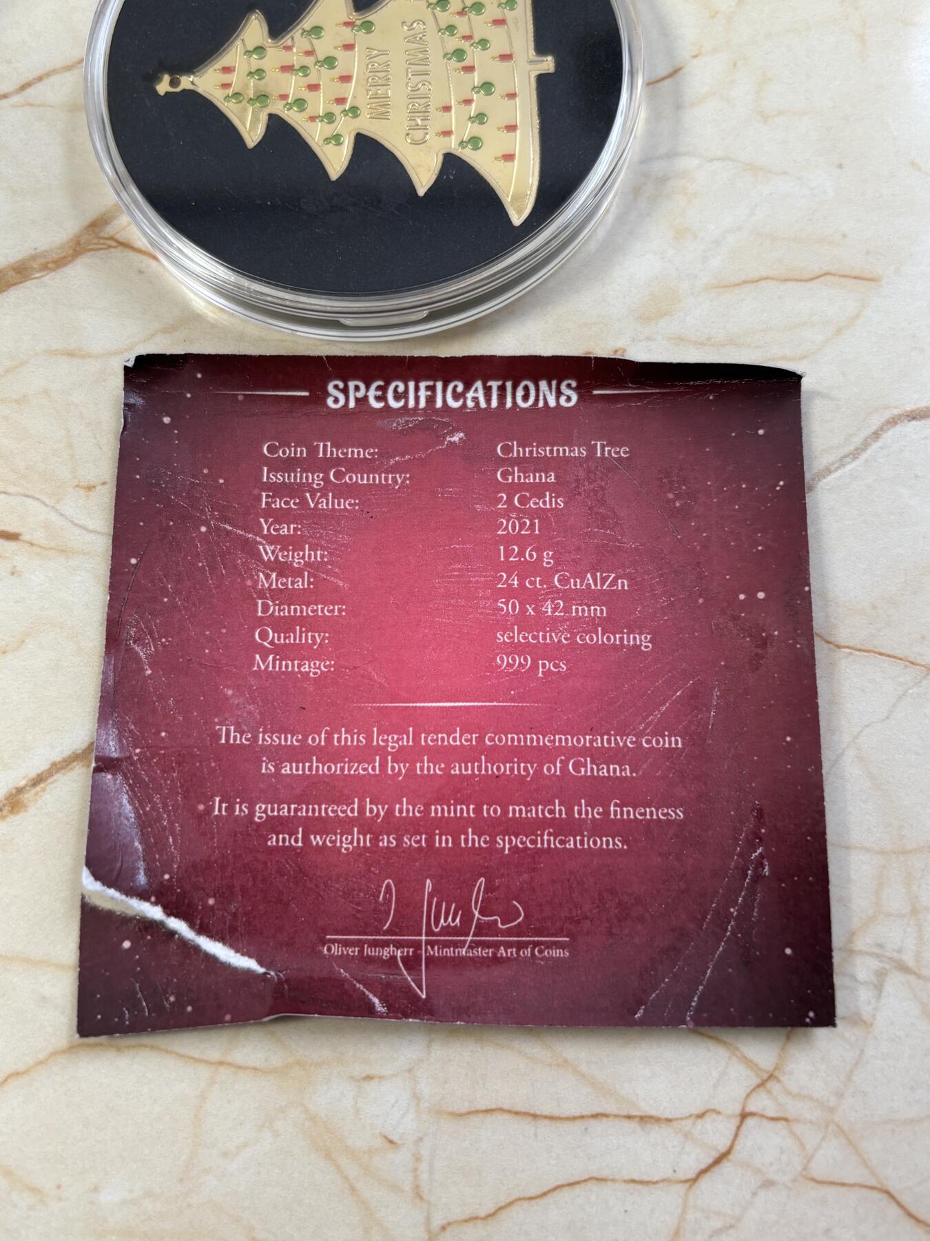 第184期拍卖 加纳2021年圣诞节圣诞树彩色异形镀金纪念币带证书，