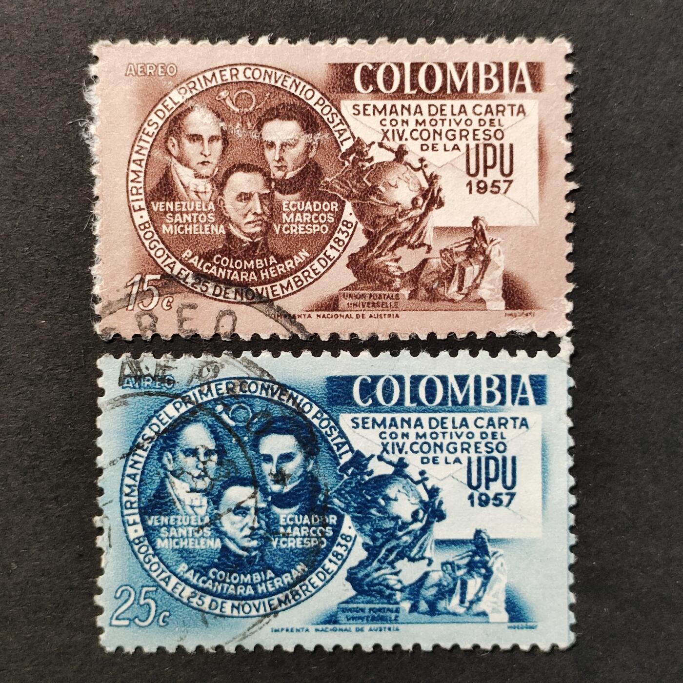 ↓君缘收藏667期☞钱币邮品↓无佣金、可寄存、满30元包邮  哥伦比亚航空邮票，1957年万国邮联第十四届大会·首份邮政公约签署纪念邮票