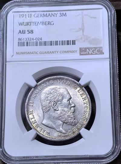 北京马甸外国币专卖第147期，外国币专场，陆续上拍，欢迎关注 - 德国符腾堡1911年3马克银币，威廉二世，NGC评级AU58分
