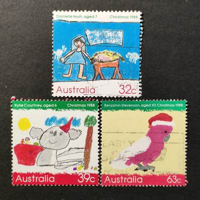 ↓君缘收藏667期☞钱币邮品↓无佣金、可寄存、满30元包邮  - 澳大利亚邮票，1988年圣诞节儿童画邮票3全