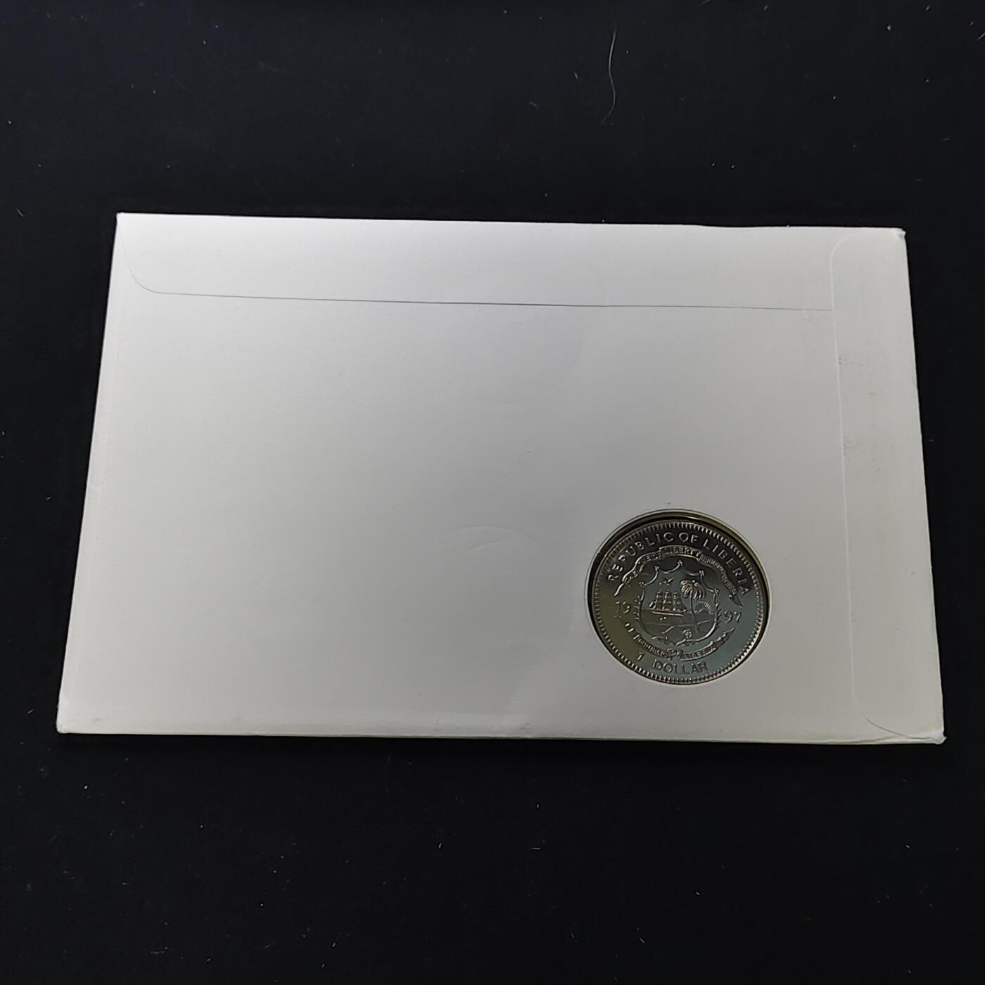 【全场包邮】纯粹捡漏拍482场（免费代拍第19场）-币封+套装+富兰克林（注意佣金） 【邮币封】利比里亚1997年1元女王金婚克朗型纪念币邮币封