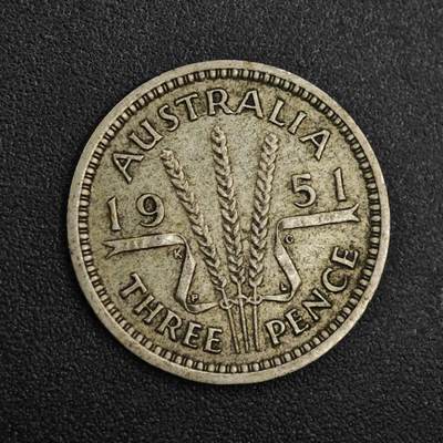 【淘币小摊】实时拍第八百一十四拍   散币场   满百包邮可预留二周 每周一统一发货   - 澳大利亚1951年乔治六世3便士银币