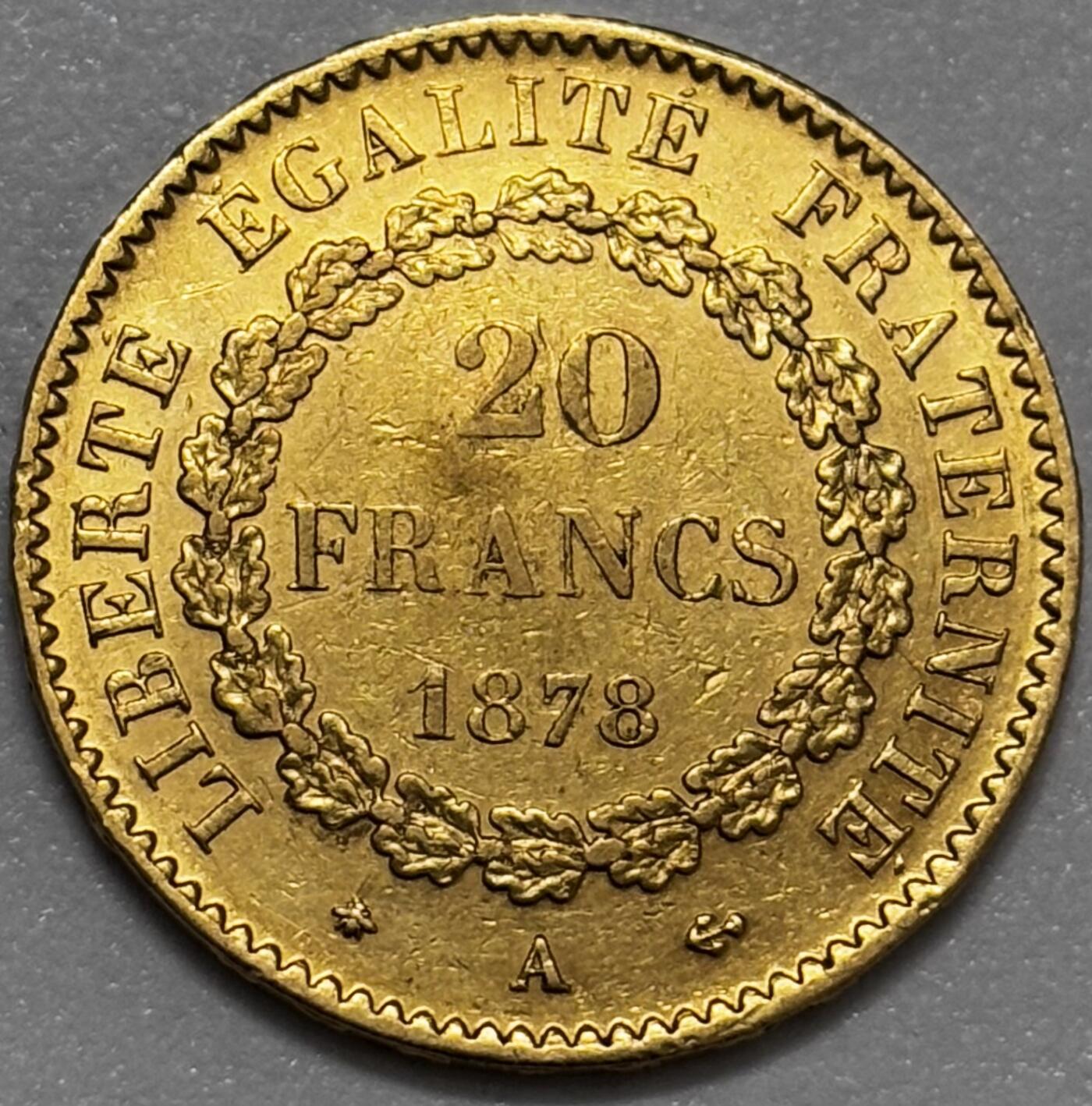 文馨钱币收藏第 283 场，【大雪鉴珍，寒英缀金】金银纪念币精品场，诚邀您的参与【长期接代拍品】 1878 年法兰西第三共和国幸运天使 20 法郎金币 A 厂，第一版，重 6.4 克金，也是比较少见溢价高的投资收藏品，品相还算不错