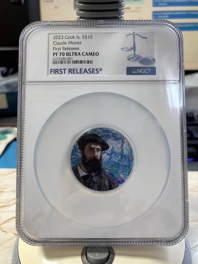 第184期拍卖 - 库克2023年艺术大师莫奈2盎司彩色纪念银币NGC-PF70首无盒无证书，999银，发行1500枚