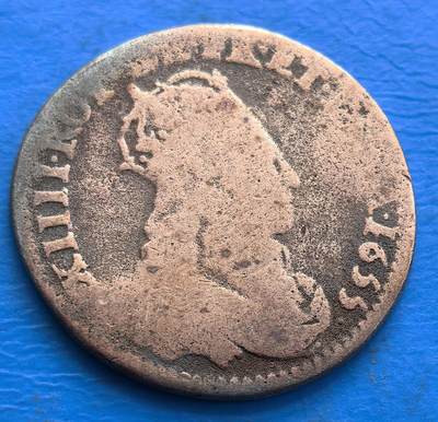 外国优质老铜币银币，周六九点倒数截拍，满百包邮，可寄存半年，喜欢朋友微信扫描二维码可直接参拍 - 1655年老铜币直径22mm,重4克