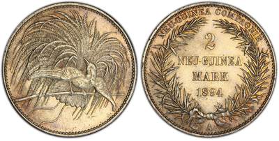 万国钱币拍卖第056期 - PCGS MS65 1894德属新几内亚天堂鸟2马克银币 德属大名誉品种 炫技式的华丽天堂鸟雕刻 原味包浆BU转光 顶级收藏品质