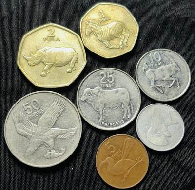 文馨钱币收藏第 284 场，【 长期接收代拍品】老藏家拍品南朝鲜李承晚时期货币，泰国大型纪念币，土耳其各时期及各国套币场 - 好品博茨瓦纳动物系列 7 枚套