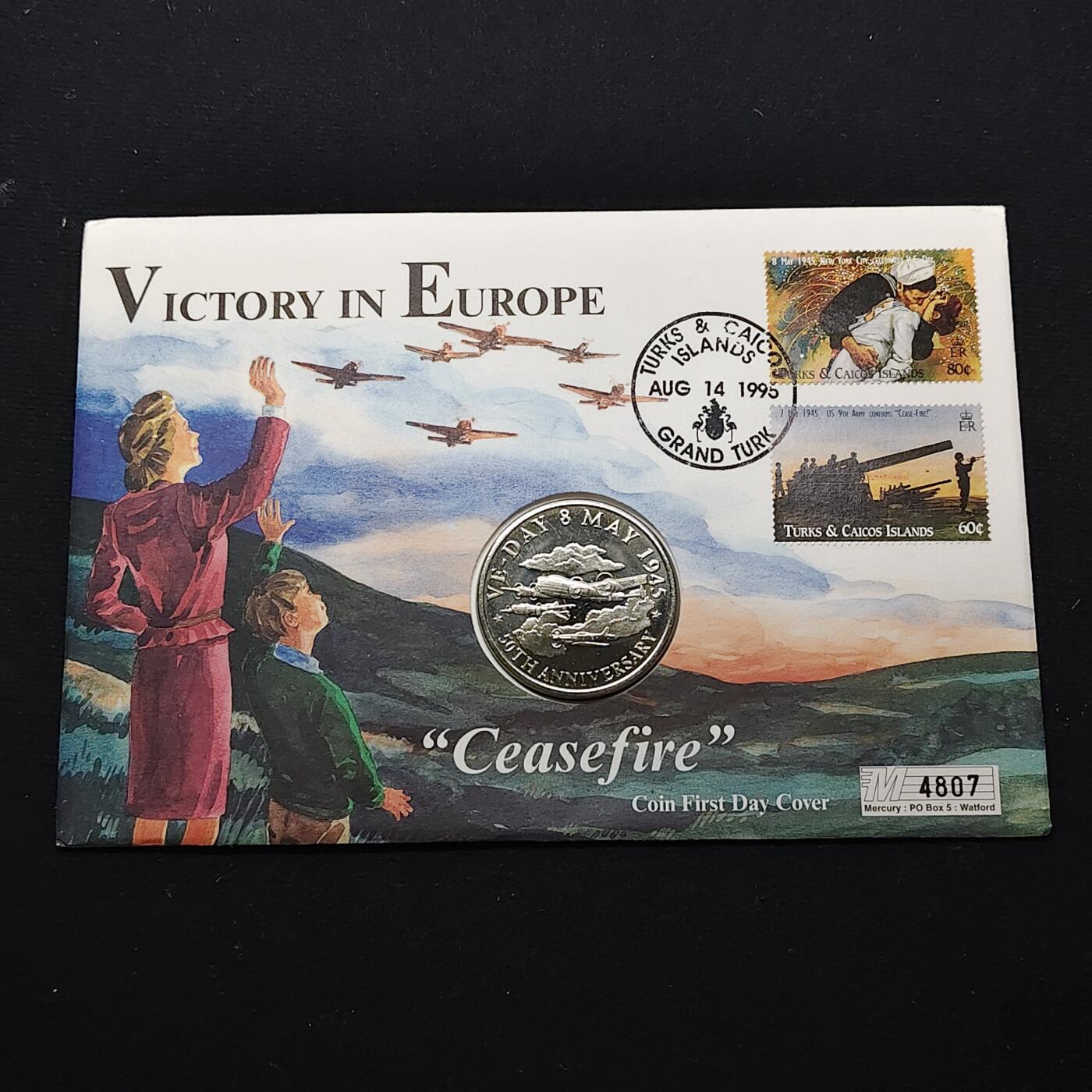 【全场包邮】纯粹捡漏拍482场（免费代拍第19场）-币封+套装+富兰克林（注意佣金） 【邮币封】特克斯和凯克斯群岛1995年5克朗欧洲胜利50周年克朗型纪念币邮币封