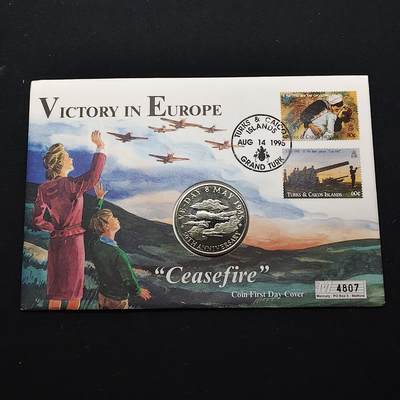 【全场包邮】纯粹捡漏拍482场（免费代拍第19场）-币封+套装+富兰克林（注意佣金） - 【邮币封】特克斯和凯克斯群岛1995年5克朗欧洲胜利50周年克朗型纪念币邮币封
