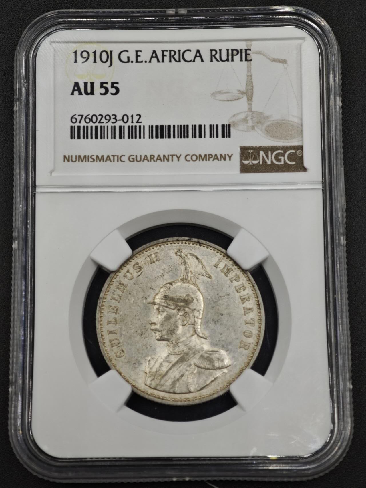 【淘币小摊】实时拍第八百一十五拍   银币套币场   满百包邮可预留二周 每周一统一发货   德属东非1910年1卢比银币 NGC AU55