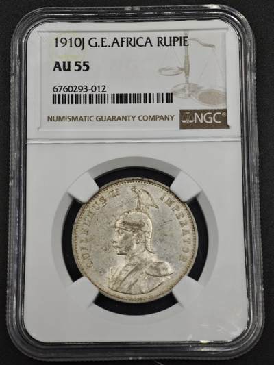 【淘币小摊】实时拍第八百一十五拍   银币套币场   满百包邮可预留二周 每周一统一发货   - 德属东非1910年1卢比银币 NGC AU55