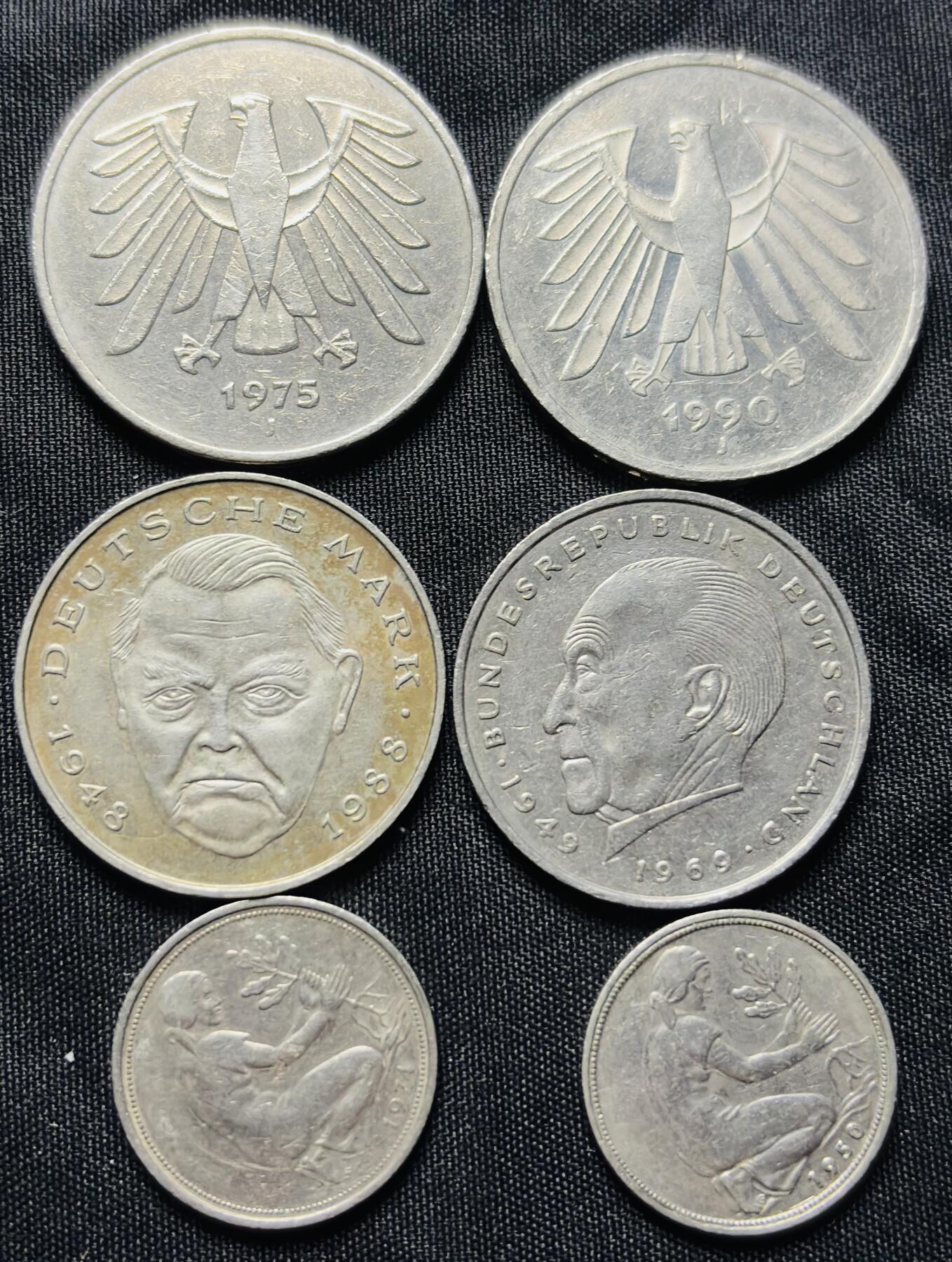 文馨钱币收藏第 284 场，【 长期接收代拍品】老藏家拍品南朝鲜李承晚时期货币，泰国大型纪念币，土耳其各时期及各国套币场 好品德国 50 芬尼-2 马克-5 马克各 2 枚共计 6 枚