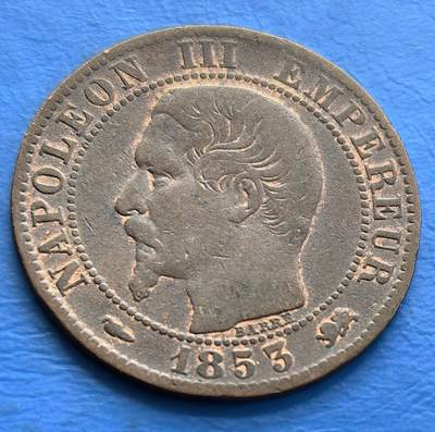 外国优质老铜币银币，周六九点倒数截拍，满百包邮，可寄存半年，喜欢朋友微信扫描二维码可直接参拍 - 带点铜光法国1853年5分D版