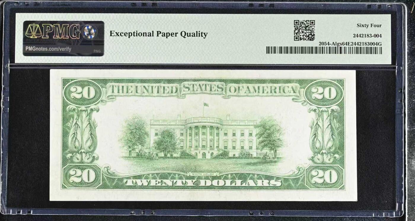 《外钞收藏家》第五百九十期（欧洲强钞、港币、硬通货及丰富裸币大拍场）（本平台长期征集拍品、欢迎藏友们联系合作） 美国1934年LGS版20美元，少见A区波士顿，PMG64E，双尾4，居中度优秀