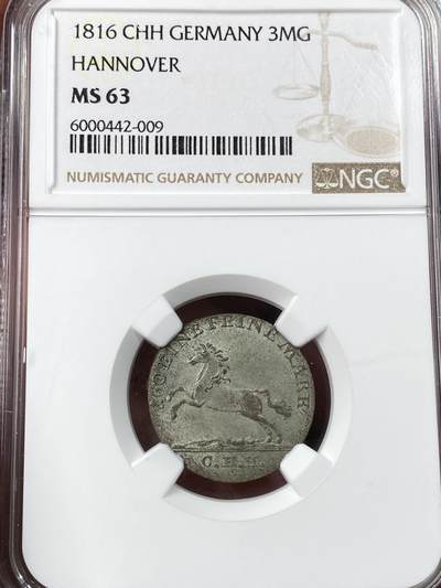 万国钱币拍卖第056期 - NGC MS63 1816年汉诺威奔马3MG银币 原味霜感极美品