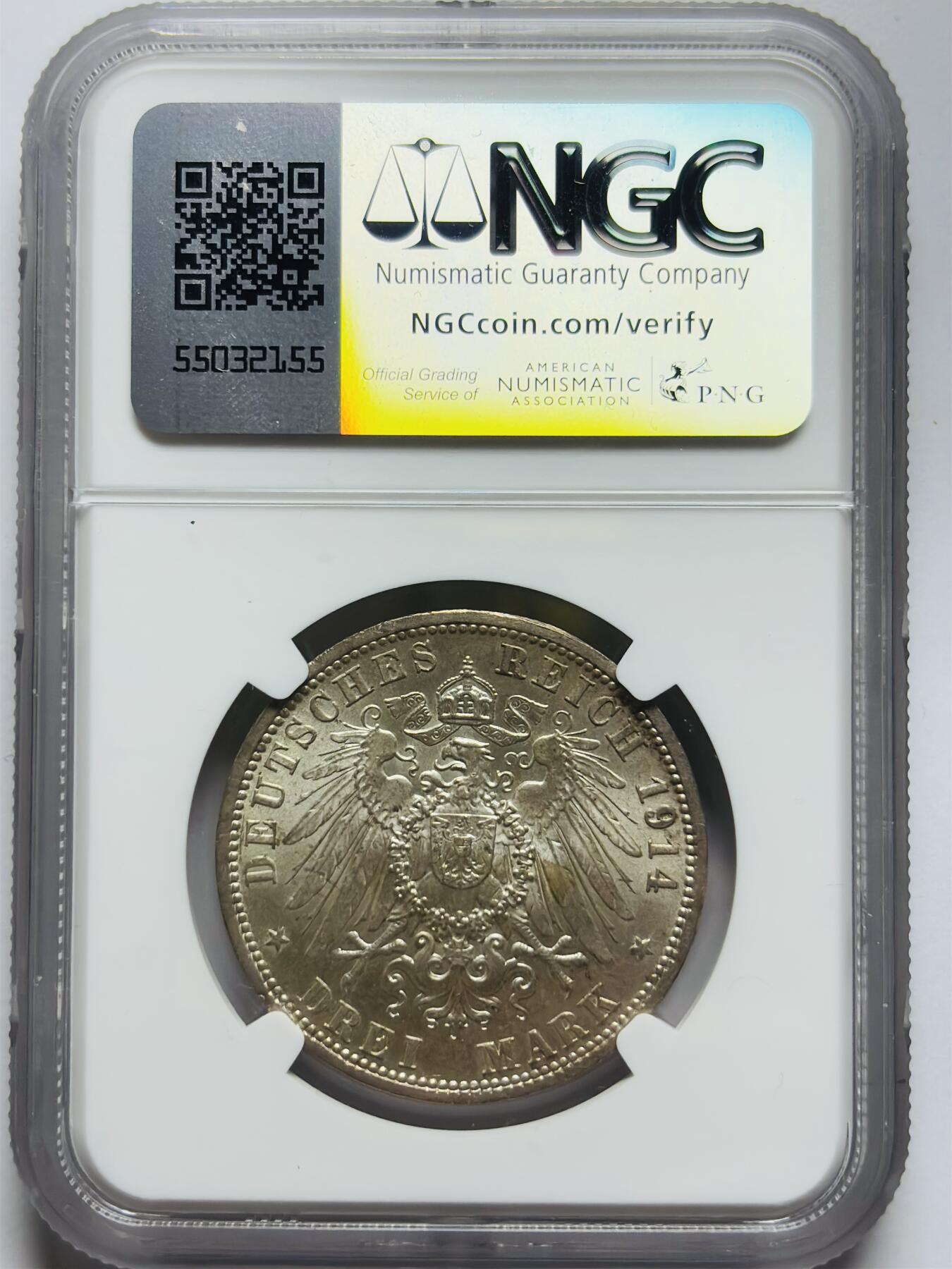 文馨钱币收藏第 283 场，【大雪鉴珍，寒英缀金】金银纪念币精品场，诚邀您的参与【长期接代拍品】 少见 1914 年德国图鲁士国王威廉二世戎装 5 马克大银币 NGC 评级 MS62 分，带点黄油包浆又不失车轮转光感，丝滑清晰