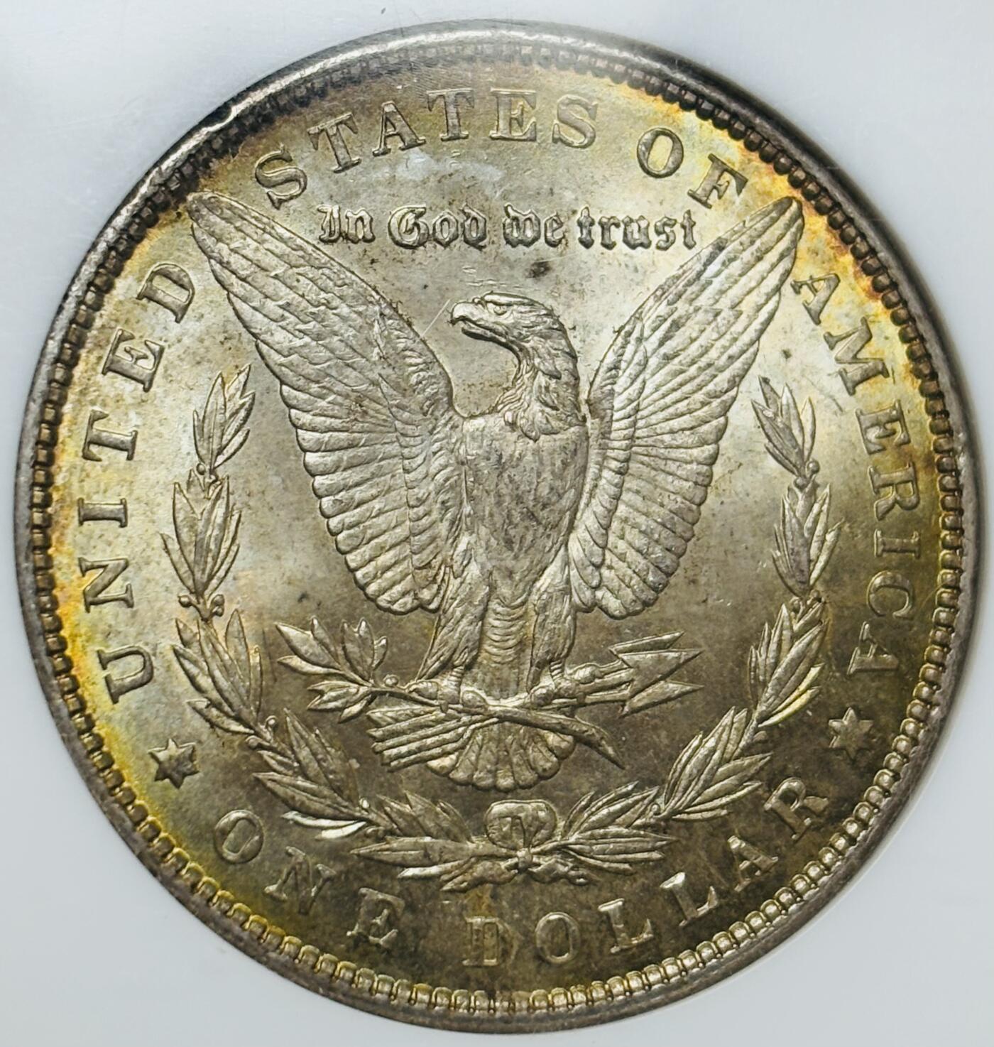 文馨钱币收藏第 283 场，【大雪鉴珍，寒英缀金】金银纪念币精品场，诚邀您的参与【长期接代拍品】 1889 年美国摩根鹰洋，早期老盒 NGC 评级 MS64 分，正宗黄油转光包浆，特别养眼，炫光感强，老盒出分把控更加严格，64 分已属不易